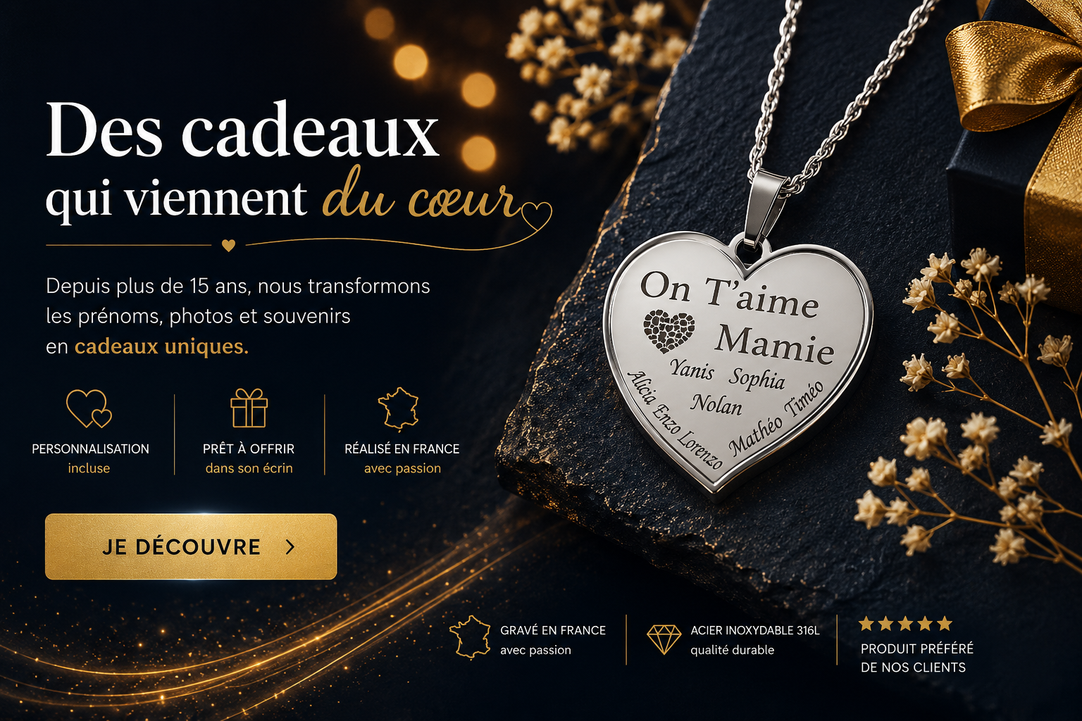 Pendentif coeur prénoms personnalisé pour mamie